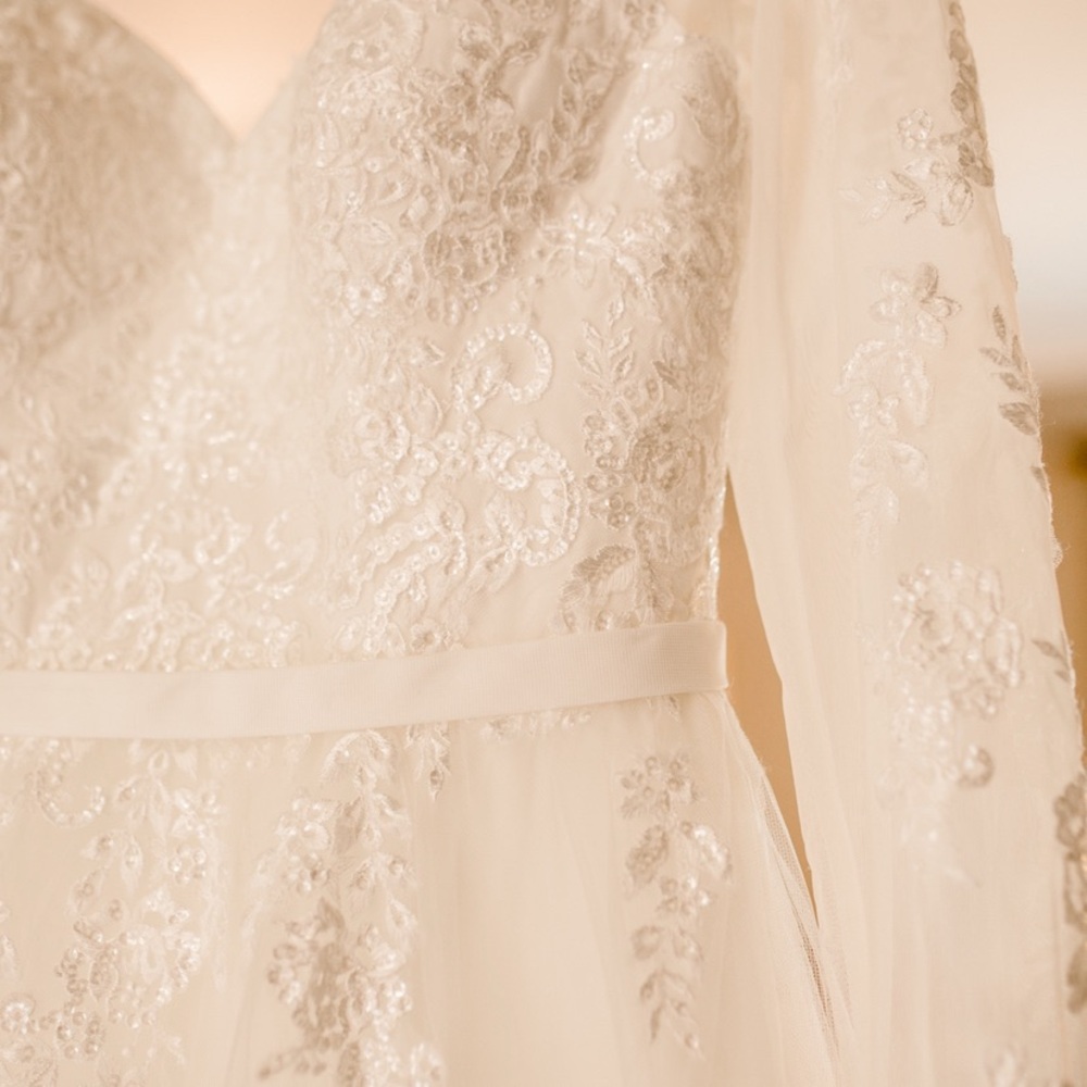 Floral Lace Long Sleeve Wedding Gown with Added Bustle